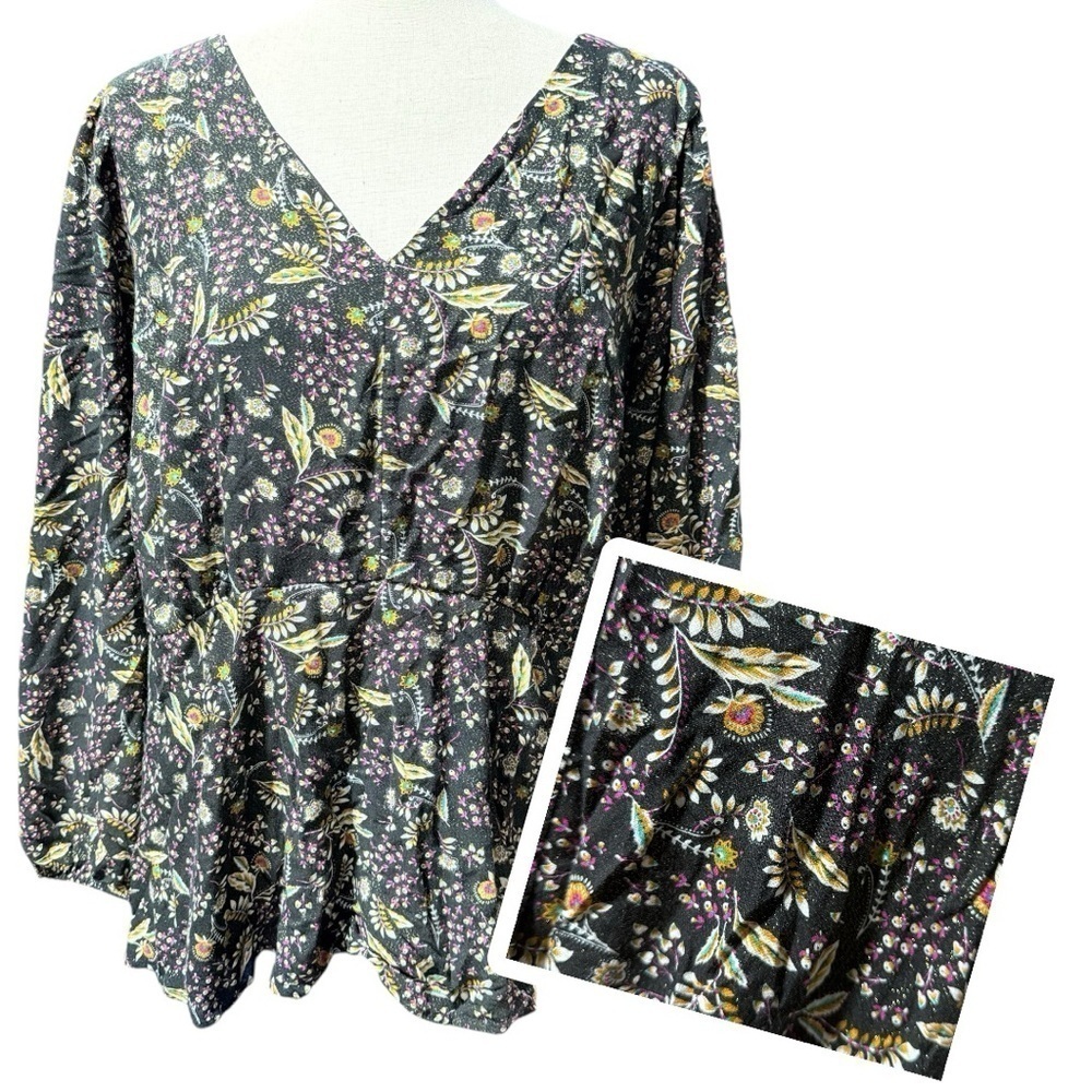 Lane Bryant Dark Floral V Neck Babydoll Top Sz 18 2X Forest Fairy Sparkle Black